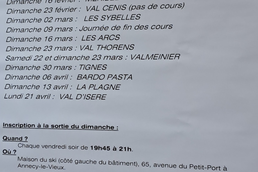 CALENDRIER DES SORTIES